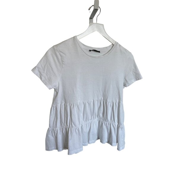 Zara White Tiered Peplum Short-Sleeve Cotton Blouse - Picture 2 of 3